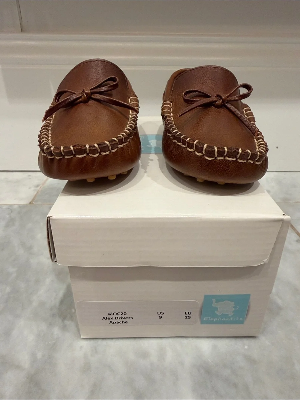 Elephantito Chestnut Brown Leather Moccasins with Bow Trim